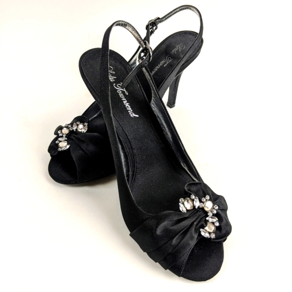 Black Satin High Heels w/ Rhinestone Detail Perfect For Halloween Party Sz 8 1/2